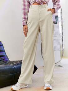 Simplee High Waist Straight Leg Trousers - Beige - View 1