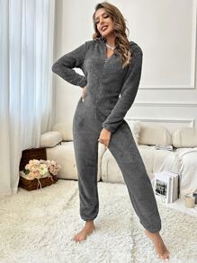 3D Ears Design Hooded Sleep Jumpsuit - Dark Grey - View 5