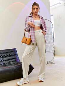 Simplee High Waist Straight Leg Trousers - Beige - View 3