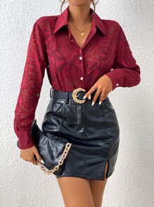 SHEIN Unity Button Front Sheer Shirt Without Bra - Burgundy - View 3