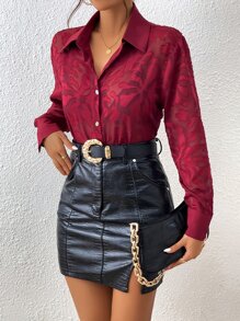 SHEIN Unity Button Front Sheer Shirt Without Bra - Burgundy - View 4