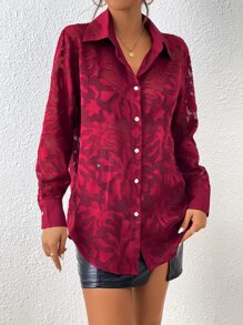 SHEIN Unity Button Front Sheer Shirt Without Bra - Burgundy - View 6