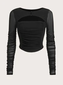 SHEIN ICON Contrast Mesh Cut Out Ruched Front Crop Tee - Black - View 1