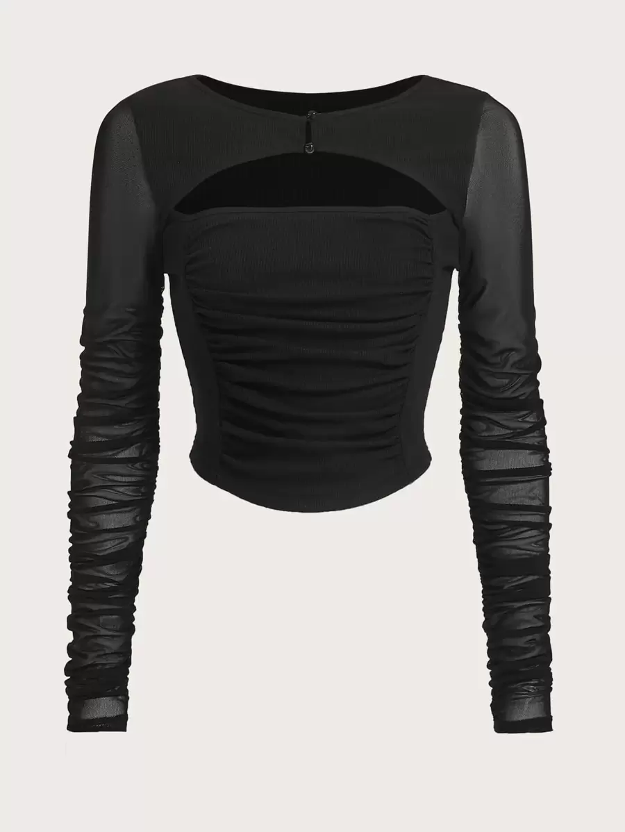 SHEIN ICON Contrast Mesh Cut Out Ruched Front Crop Tee - Black - View 1