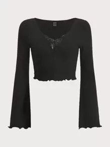 SHEIN ICON Grunge Lace Trim Trumpet Sleeve Crop Tee - Black - View 2