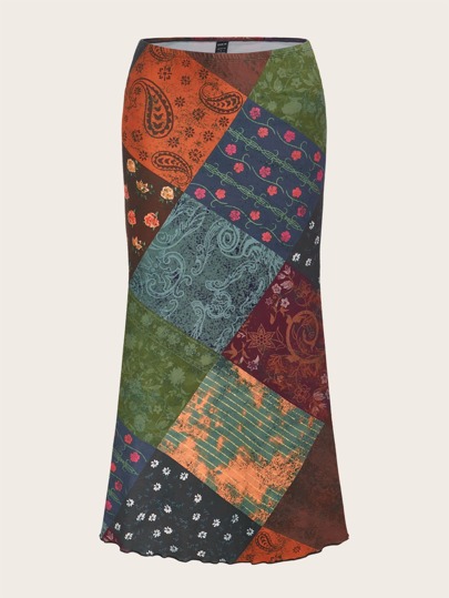 Grunge Patchwork Print High Waist Skirt
