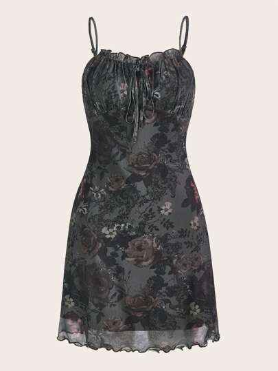 ROMWE PUNK 頹廢搖滾印花前打結木耳邊吊帶連衣裙