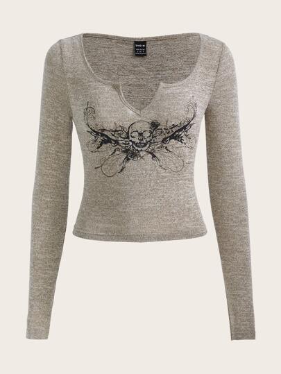 ROMWE PUNK 頹廢搖滾骷髅頭圖案缺口領T恤