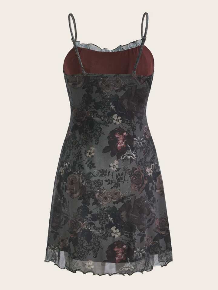 Our Grunge Floral Print Knot Front Lettuce Trim Cami Dress is such a vibe