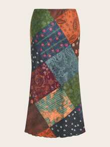 ROMWE PUNK 頹廢搖滾色塊拼接圖案高腰半身裙 - 彩色 - 查看 2