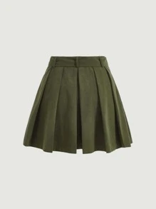 SHEIN MOD 素色腰帶百褶半身裙 - 軍綠色 - 查看 6