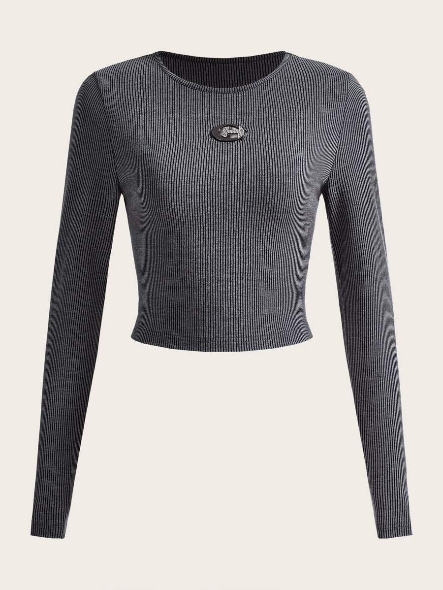 SHEIN EZwear Camiseta corta tejido de canalé - Gris Oscuro - Ver 1