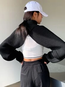 DAZY Turtleneck Batwing Sleeve Shrug Jumper Without Camisole - Black - View 2
