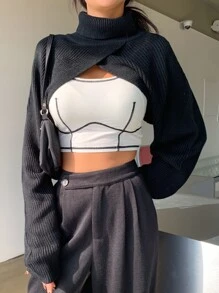 DAZY Turtleneck Batwing Sleeve Shrug Jumper Without Camisole - Black - View 5