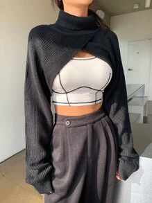 DAZY Turtleneck Batwing Sleeve Shrug Jumper Without Camisole - Black - View 6