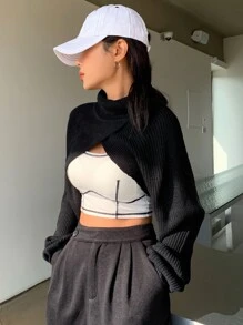 DAZY Turtleneck Batwing Sleeve Shrug Jumper Without Camisole - Black - View 7