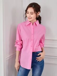 SHEIN Essnce 落肩袖素色襯衫 - 粉色 - 查看 1