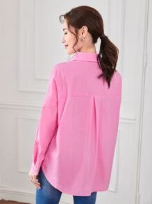 SHEIN Essnce 落肩袖素色襯衫 - 粉色 - 查看 2