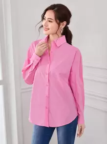 SHEIN Essnce 落肩袖素色襯衫 - 粉色 - 查看 3