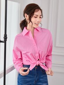 SHEIN Essnce 落肩袖素色襯衫 - 粉色 - 查看 5