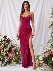 高衩亮片抹胸舞會洋裝 - 玫紅色 - 查看 6