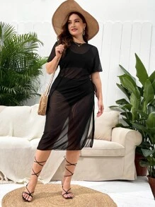 大尺寸純色掛脖比基尼套裝（附遮蓋夏季海灘） - 黑色 - 查看 4