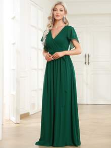 荷叶边开衩袖雪纺深绿色伴娘礼服，优雅祖母绿伴娘礼服，春季婚礼宾客半正式礼服 - 墨綠色 - 查看 5