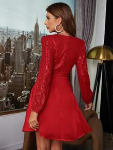 D&M Contrast Sequins Surplice Neck Dress - Red - View 3