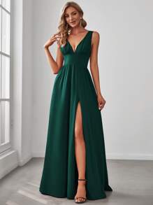 Spring Deep V-Neck Slit Thigh Length Green Bridesmaid Dress, Formal Wedding Guest Dress, Christmas Party Dress For Women - Dark Green - View 8