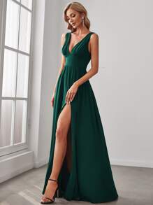 Spring Deep V-Neck Slit Thigh Length Green Bridesmaid Dress, Formal Wedding Guest Dress, Christmas Party Dress For Women - Dark Green - View 5