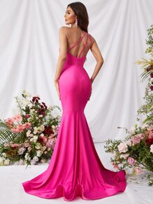 One Shoulder Mermaid Hem Satin Formal Dress - Hot Pink - View 1