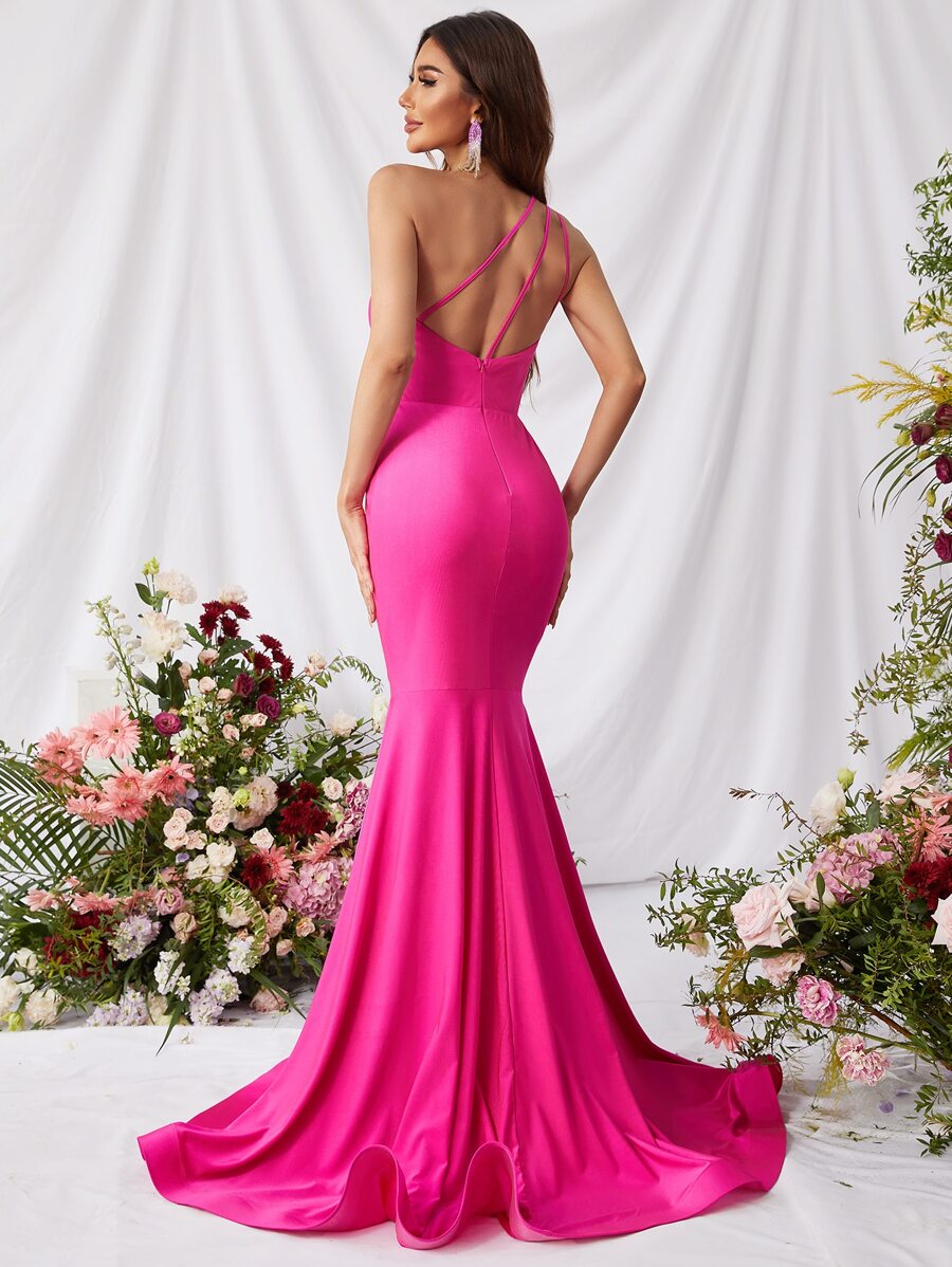 One Shoulder Mermaid Hem Satin Formal Dress - Hot Pink - View 1