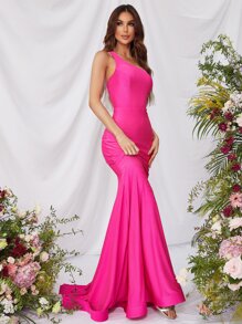One Shoulder Mermaid Hem Satin Formal Dress - Hot Pink - View 4