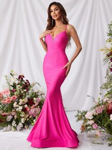Crisscross Backless Mermaid Hem Satin Cami Dress - Hot Pink - View 1