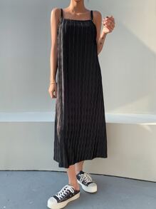 DAZY Chất rắn Textured Chi tiết Váy Dây - màu đen - Xem 5