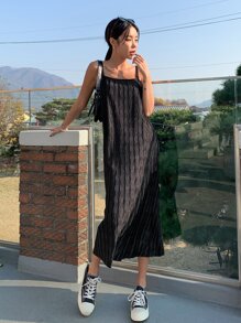 DAZY Chất rắn Textured Chi tiết Váy Dây - màu đen - Xem 7