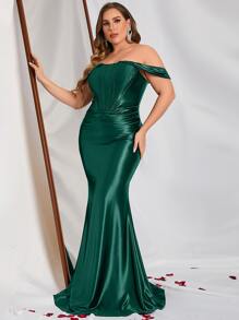 Plus Off Shoulder Seam Front Mermaid Hem Prom Dress - Dark Green - View 1