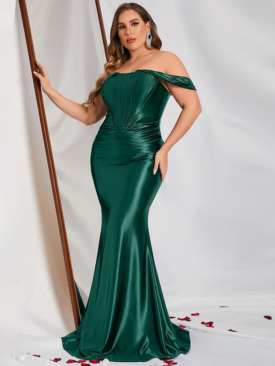 Plus Off Shoulder Seam Front Mermaid Hem Prom Dress - Dark Green - View 1