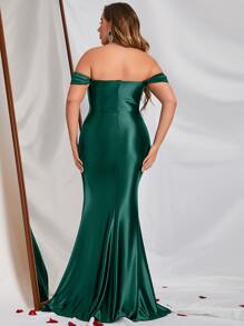 Plus Off Shoulder Seam Front Mermaid Hem Prom Dress - Dark Green - View 2