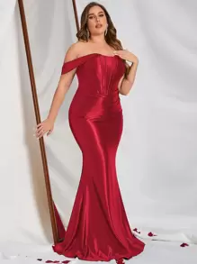 大碼一字肩前接縫魚尾裙下擺正式洋裝 - 酒紅色 - 查看 4