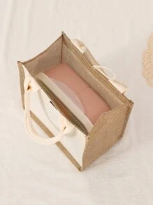 1pc Oxford Linen Solid Color Portable Lunch Box Bag For Daily Use - Beige - View 5