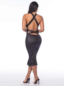 Halterneck Backless Split Hem Bodycon Dress - Black - View 2