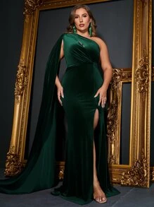 Plus One Shoulder Split Thigh Velvet Formal Dress - Dark Green - View 1