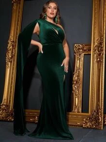 Plus One Shoulder Split Thigh Velvet Formal Dress - Dark Green - View 4