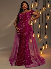 大碼一字肩網紗拼接亮片正式連衣裙 - 玫紅色 - 查看 3