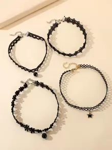 4入組釘珠和星形裝飾頸鏈 - 黑色 - 查看 1