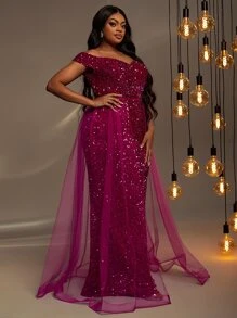 大碼一字肩網紗拼接亮片正式連衣裙 - 玫紅色 - 查看 6