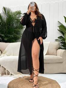 SHEIN Swim Curve 大码系带和服，适合夏季海滩度假 - 黑色 - 查看 1