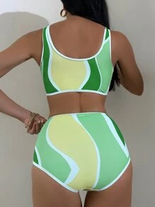 Color Block Zip Front Summer Beach Bikini Set - Multicolor - View 2