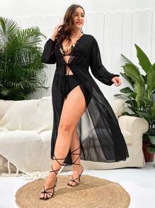 SHEIN Swim Curve 大码系带和服，适合夏季海滩度假 - 黑色 - 查看 4